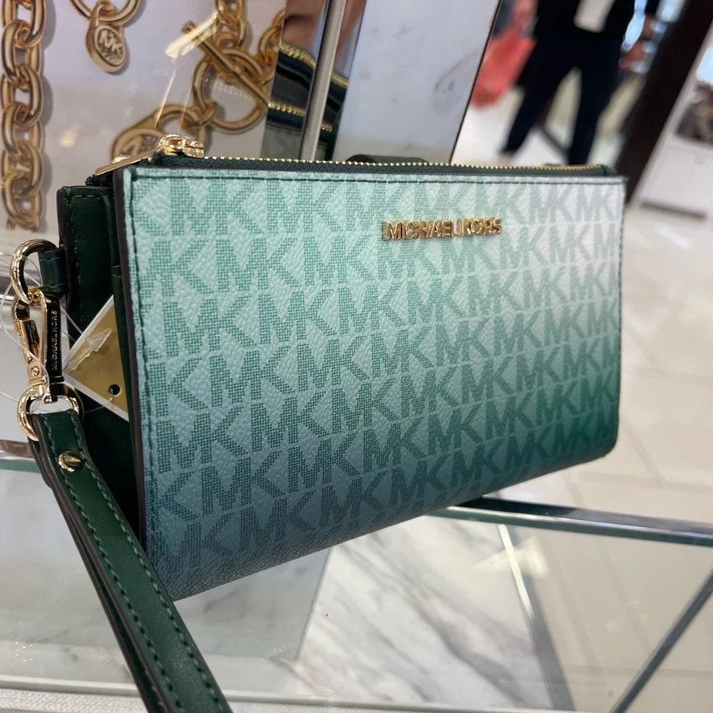 MICHAEL KORS Jet Set Lg Ombré Signature Logo Double Zip Wristlet Wallet  Moss